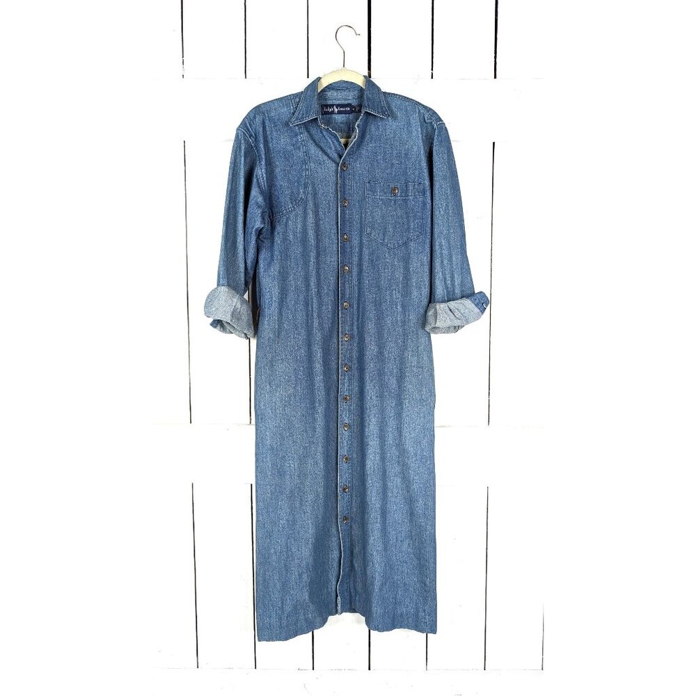 Vintage Ralph Lauren blue jean denim fitted long cardigan dress jacket